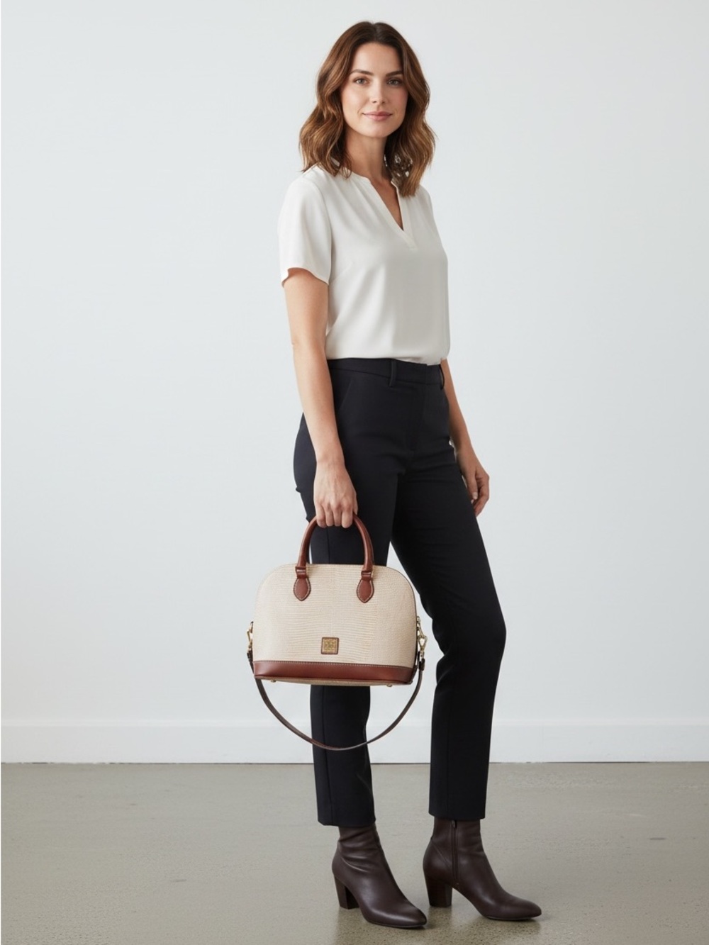 Dooney & Bourke Blush Lizard-Textured Satchel with Brown Leather Trim - Picture 3 of 7